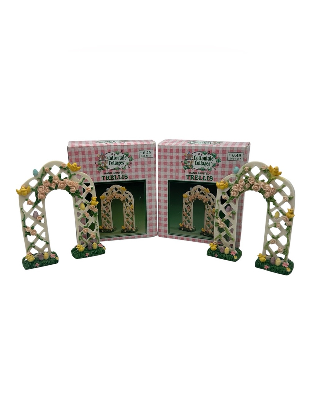 2-Vtg Cottontale Cottages Trellis Cottagecore Hand Painted Flowers 5x4” Village